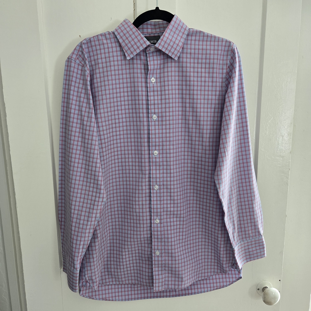 Bonobos Dress Shirt Men's 16/34 (Lg) Blue Red Plaid Slim Fit Wrinkle-Free Cotton